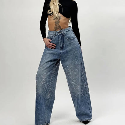 Rhinestone Wide Leg Lady Jeans Diamonds Denim Straigt High Waist Zipper Female Pants 2025 Fashion Pockets Street Lady Trouser