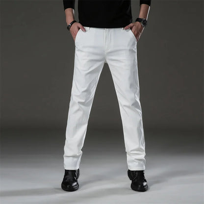 2022 Autumn New Men's Cotton Straight Casual Pants Business Fashion Solid Color Elasticity White Trousers Male Brand Clothing