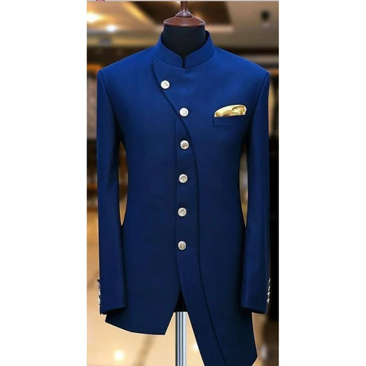 Fashion Blue Men Suits African Single Breasted Stand Lapel Slim Fit 2 Piece Jacket Pants Outfits Male Clothing Terno Masculino