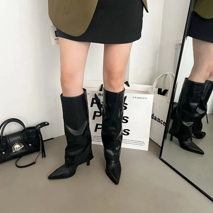 White Knee High Boots Women Pointed Toe Stiletto Long Boots Brown Designer High Heels Trousers Black Shoes Botines De Mujer