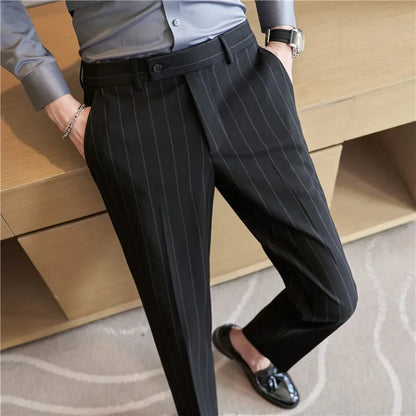 Men's Striped Suit Pants Elastic 2024 Autumn New Social Casual Trousers Slim Fit Suit Pants Business Office Wedding Men Clothing