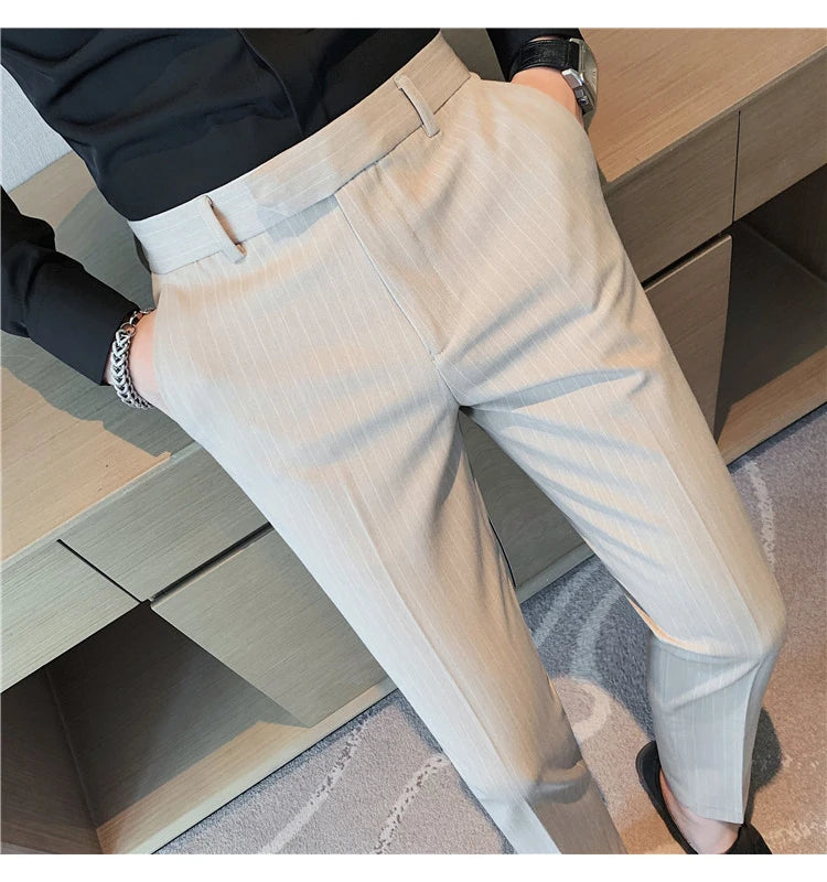 British Style Striped Slim Fit Suit Pant Men Business Casual Simple Dress Pants High Quality Social Wedding Party Trousers 38-28