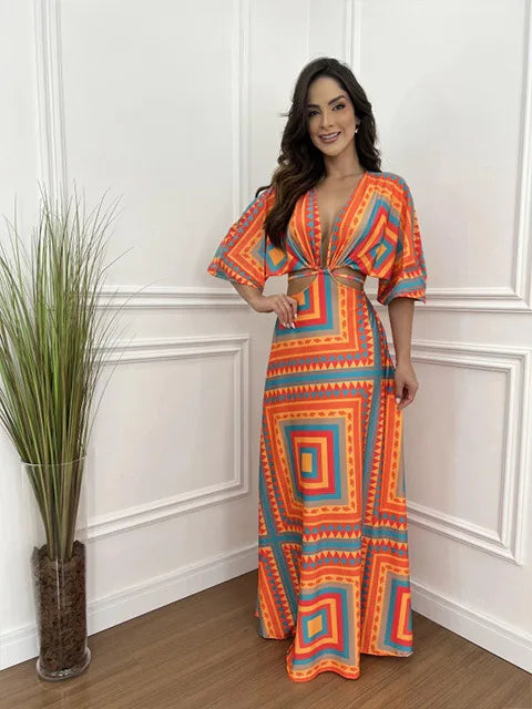 Sexy Printed Long Dresses Deep V-neck Women Hollow Out Lace-up Bat Half Sleeve Vacation Dress Spring Summer New Bohemian Style