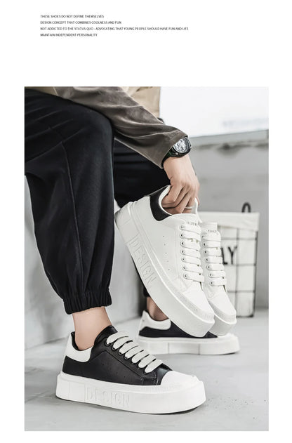 HKDQ Fashion Design White Sneakers Men Comfortable Leather Low-cut Platform Sneakers Men Trend Casual Lace-up Men's Skate Shoes