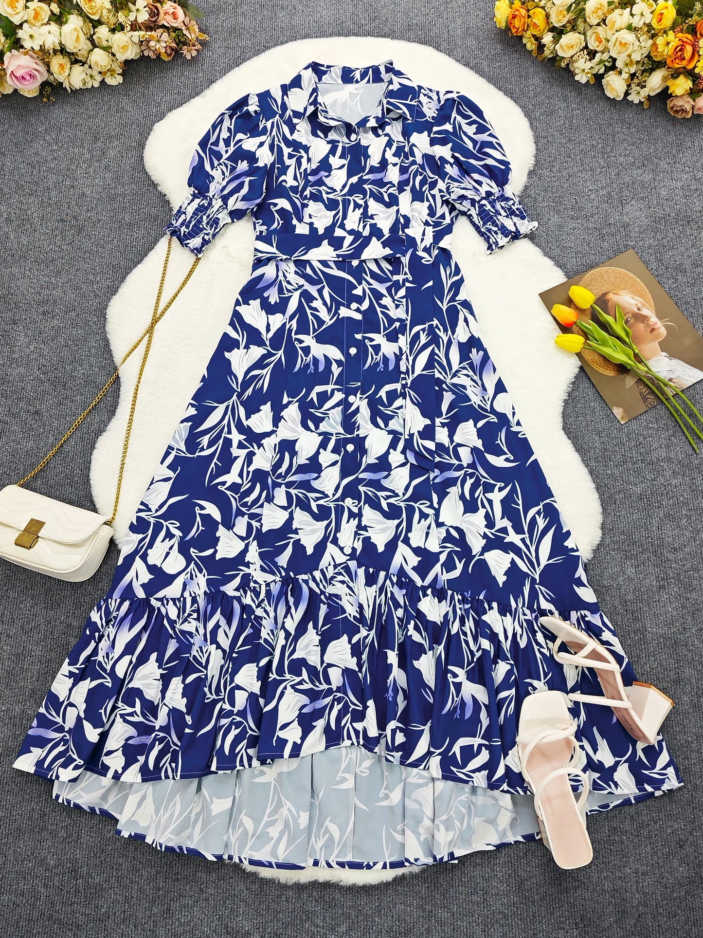 Women Floral Print Long Dress Summer Casual  Turn-down Collar Half Sleeve Loose Big Swing Dress Female Vintage  Beach Maxi Dress