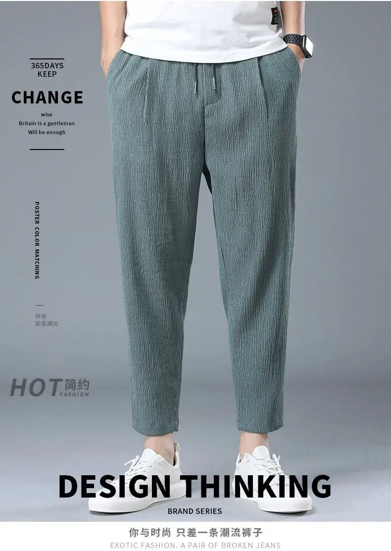 Spring Summer Men Cotton Hemp Ice Silk Pants Streetwear Fashion Male Basic Elastic Waist Loose Sports Straight Casual Trousers