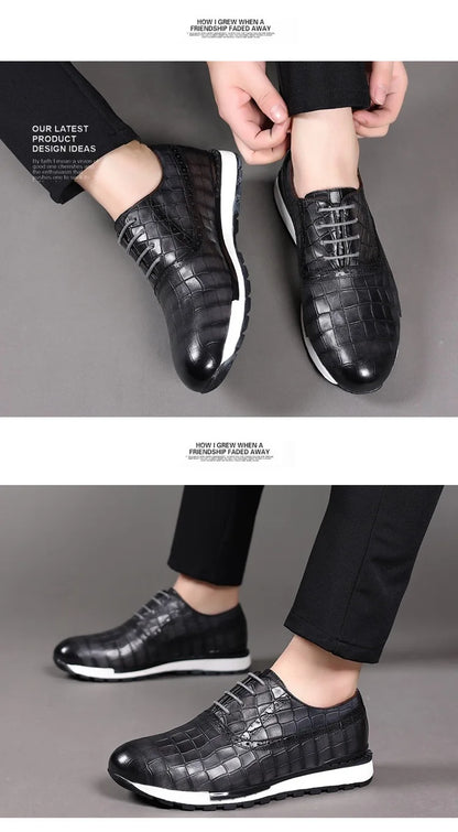 Luxury Business Casual Genuine Natural Cowhide Leather Men's Oxford Sneakers Spring Autumn Crocodile Pattern Anti-slip Footwear