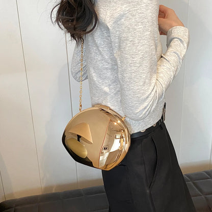 Women Metal Evening Bag with Chain Shoulder Bag Reflective Oval Shaped for Wedding Cocktail Prom Small Party Night Purses