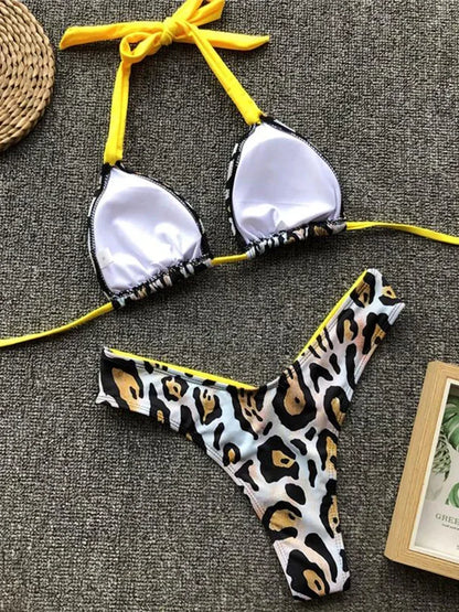 Sexy Splicing Zebra Halter Brazilian Bikini Women Swimsuit Female Thong Swimwear Two Piece Bikini Set High Cut Bathing Suit Swim