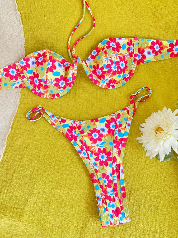 ZRTAK Push Up Swimwear Print Bikinis Sexy Swimsuit Bikini Sets Women Bathing Suit Micro Thong Biquinis Halter Beachwear