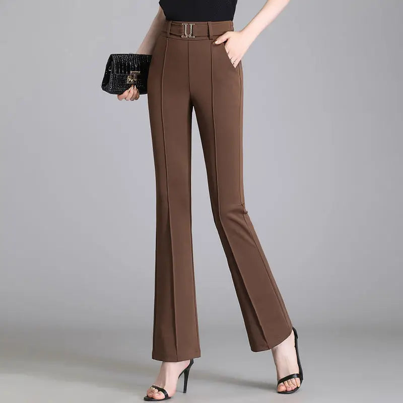 Summer Fashion Elegant Solid Color Commute High Waist Pants Office Lady Casual Elastic Spliced Flare Trousers Women's Clothing