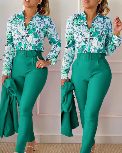 Elegant Women Two Piece Set Suits Fall New Fashion Print Long Sleeve Top Solid Color Pants Set With Belt  Blouses Female Clothes