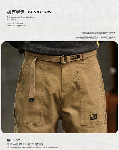 HIQOR Mens Clothing Spring Autumn Cargo Pants Man Cotton Casual Loose Trouser Belt Mid Waist Joggers Male Straight Baggy Pants