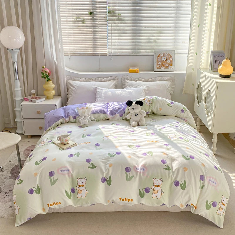 Fresh Floral Pattern Duvet Cover 1Pc 100% Cotton Skin-friendly Breathable Comforter Cover Home Bedding for Kids Teens Adults