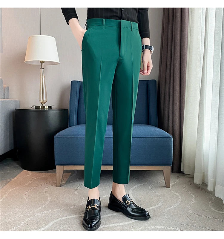 9 Color Summer Fashion Mens Suit Pants Pure Color Business Formal Pants Slim Fit Office Mens Wedding Social Ankle Long Trousers