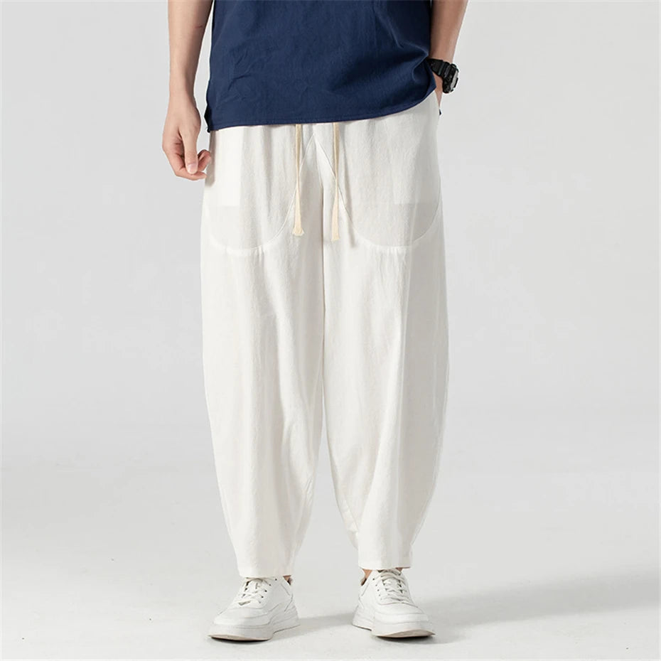 Linen Pants Men Baggy Pants Plus Size 9XL Summer Ankle-length Pants Male Solid Color Bottom Big Size 9XL