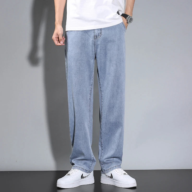 Summer Thin Men's Straight Loose Gray Jeans Soft Fabric Lyocell Fabric Light Colored Casual Pants Male Brand Trousers