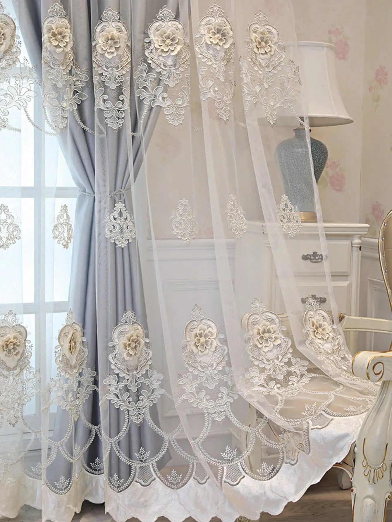 1PC High-precision Luxury Embroidered Fabric and Gauze Integrated Curtains