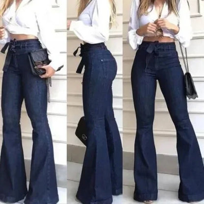 Women Jeans Solid Color High Waist Flare Pants Zipper Fly Flat Pockets Streetwear Slim Patchwork Button Slight Strech Belt