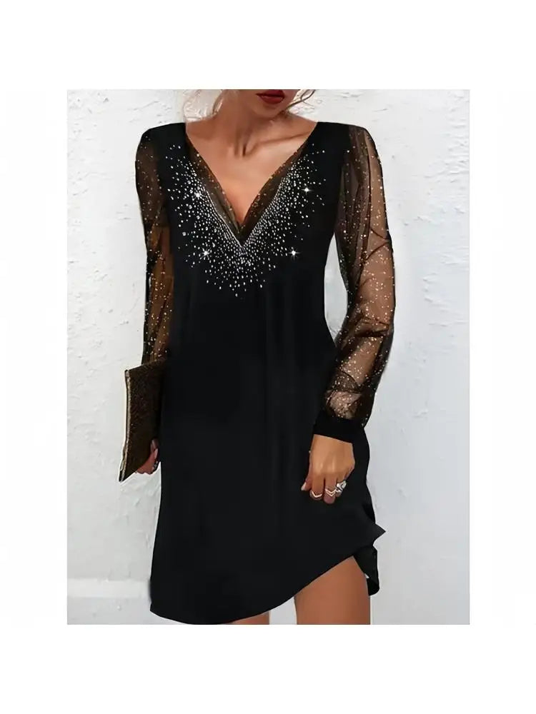 New Arrival Elegant Style V-neck Rhinestone Lace-Sleeve Long Sleeve Womens Dresses Evening Party Sexy Dresses Fashion Prom Dress