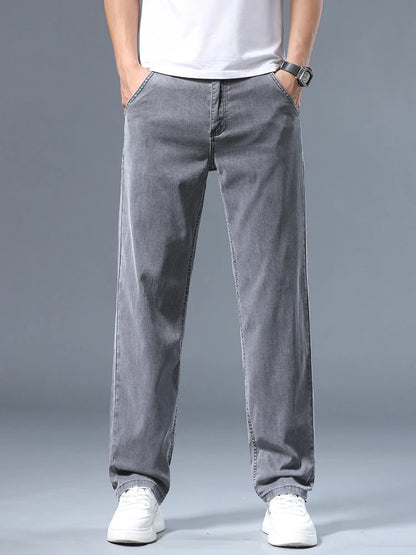 Summer Men's Lyocell Baggy Jeans Thin Soft Drape Business Casual Trousers Classic Smoke Gray Brand Straight Ice Silk Pants