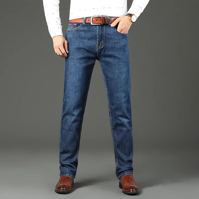 2024 Spring Autumn Office Business Jeans Men Classic Blue Cotton Stretch Straight-leg Denim Pants Male Brand Trousers