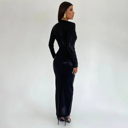 Women Sexy Split Ruched Dress Slim Long Sleeve Wrap Bodycon Dress Female Office Ladies Elegant Evening Dress Robe 2023 Autumn