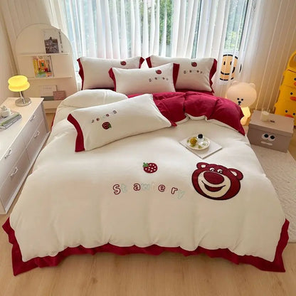 Lotso Stellalou Mickey Pooh Bear simple cartoon print comfortable and warm milk velvet bed sheet and quilt cover four-piece set