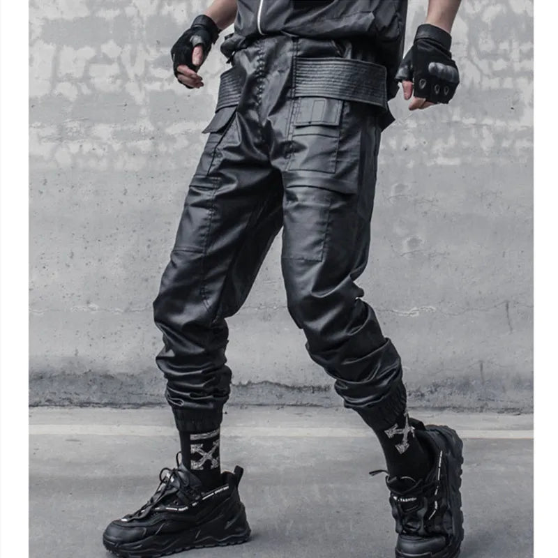 2023 Waxy Coating Punk Hip Hop Cargo Pants Mens Multi-pockets Motorcycle Techwear Functional Joggers Street Casual Trousers