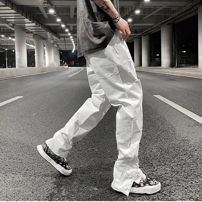 Mens Hole Ripped White Ankle Zipper Button Jeans Pants Straight Pockets Solid Color High Street Retro Loose Denim Trousers