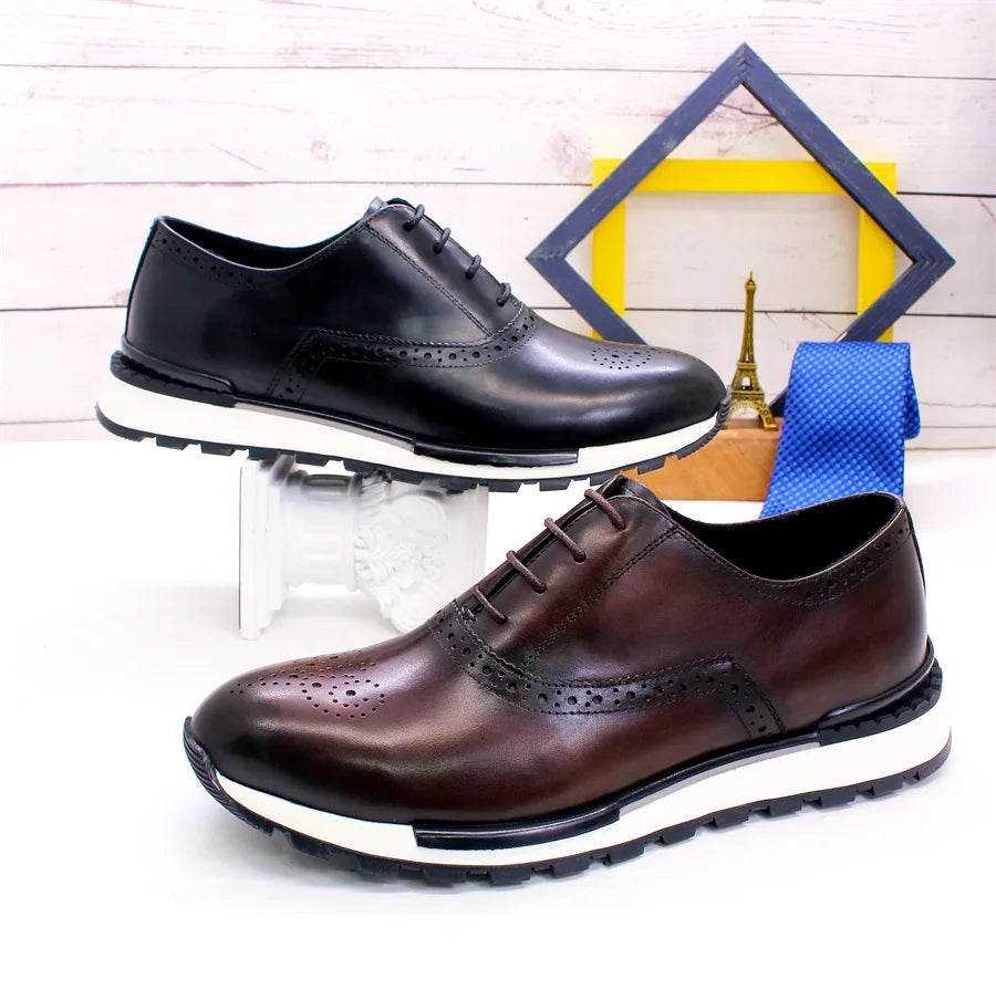 Casual Leather Men's Shoes Lace Up Comfortable Non-Slip Sole Brogue Sneakers Wedding Date Prom Men's Premium Leather Shoes.