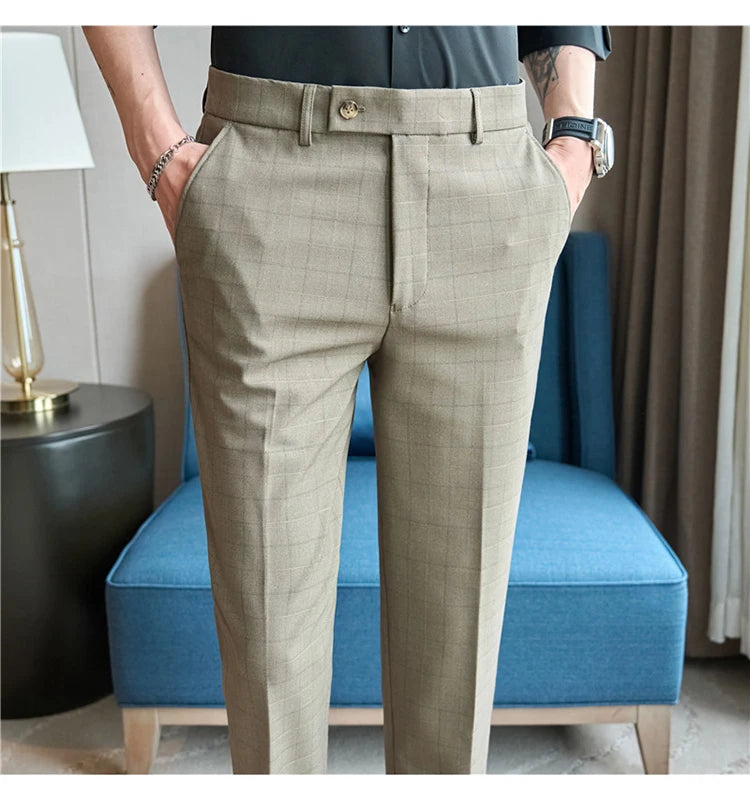 Men Plaid Suit Pants 2024 Autumn Item Solid Casual Dress Pants Elastic Slim Fit Formal Trousers Men Clothing pantalones hombre