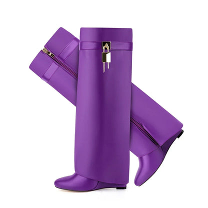 2024 European and American Style Fish Scale Leather Side Zipper Lock Knee High Skirt Boots Women's Fashion Banquet Boots