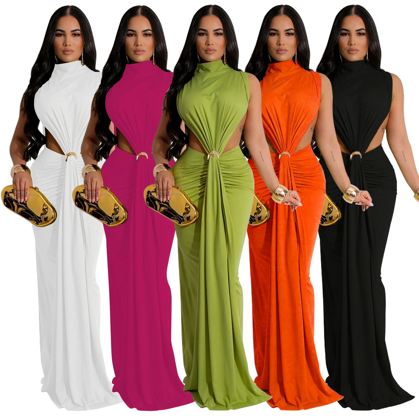 New Women O-neck High Split Ruched Stacked Bodycon Midi Maxi Dress Evening Party Club Vestidos Sexy Chic Long Dresses