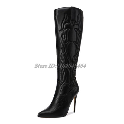 White/Black Embroidery Sexy Knee High Boots Women's Patent Leather Pointed Toe High Heels Zip Long Boot Luxury Designer Shoes