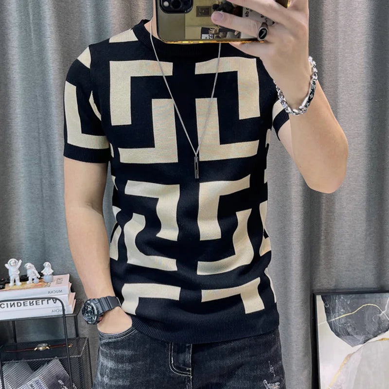 Y2K Summer New Mens Slim Vintage Short Sleeve T Shirt Striped Print O Collared Graphic T Shirts For Men Darts Camiseta Masculina