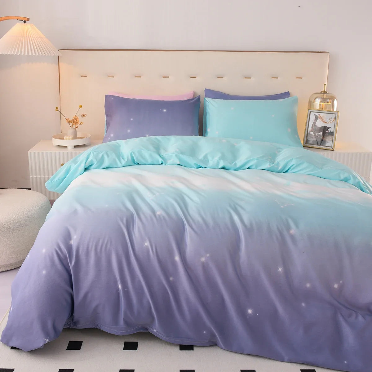 Galaxy Star Duvet Cover Set Single King Size 3PCS Blue and Purple Bedding Set Gradient Color Comforter Cover with Zipper Closure