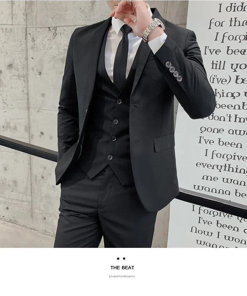 Suit (Blazer+ Vest + Pants) Men's Business Gentleman Fashion Slim Work Solid Color Plus Size Fair Dress Wedding Best Man Suit