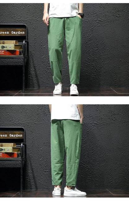 100% Cotton Ankle Length Pants Summer Casual Pants Man Trendy Japanese Loose Pants Men