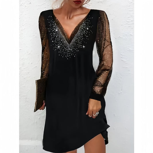 New Arrival Elegant Style V-neck Rhinestone Lace-Sleeve Long Sleeve Womens Dresses Evening Party Sexy Dresses Fashion Prom Dress