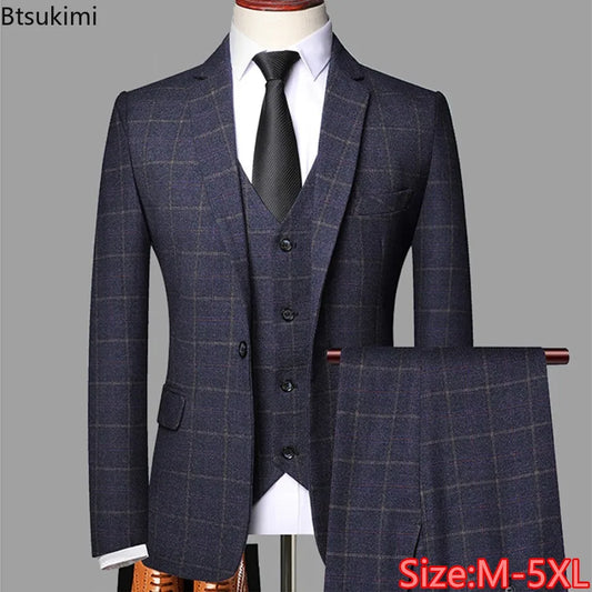 2025 New Men's Three-pieces Fashion Plaid Slim Business Party Formal Elegant Blazer Sets (Jacket+Pants+Vest) Prom Wedding Groom