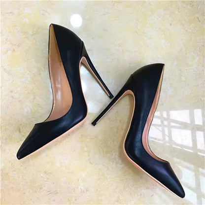 Matte Black Sexy 12cm Woman Super High Heels Pointed Toe Shallow Stilettos Pumps OL Work Ladies Slingback Dress Shoes