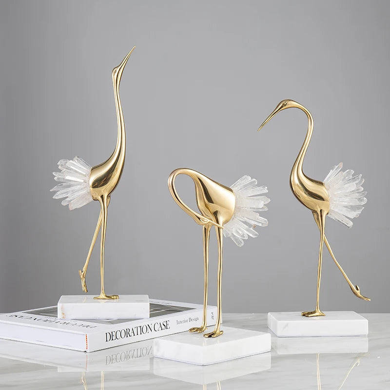 Artificial crystal swan ornaments light luxury modern minimalist study living room Nordic brass crane home decoration crafts