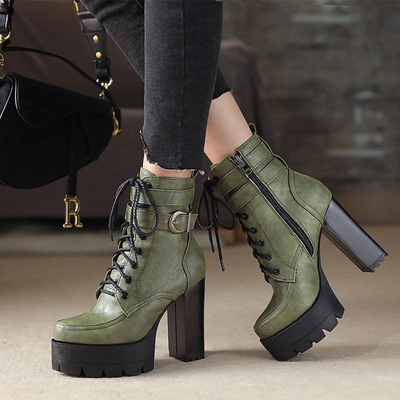 Fashion Platform Women Boots Square High Heel Ankle Boots Lace Up Zipper Motorcycle boots Autumn Winter Plush Ladies Shoes