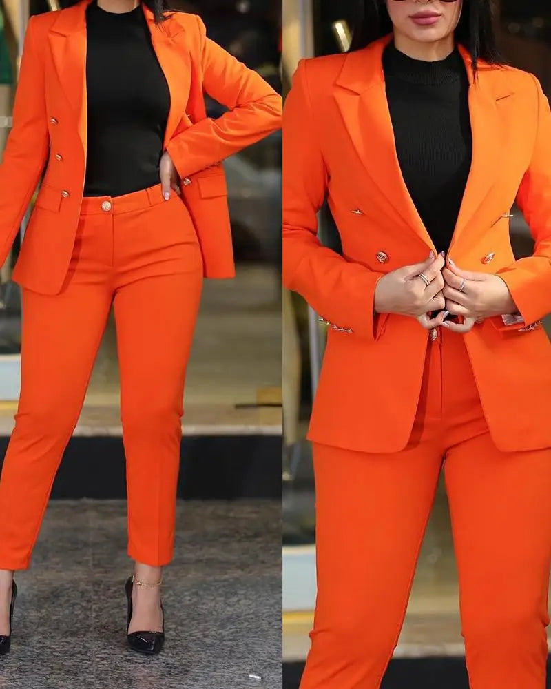 Elegant Office Lady Two Piece Sets New Autumn Winter Women Fashion Notched Neck Long Sleeve Blazer & High Waist Work Pants Suit