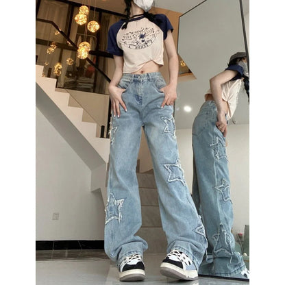 American Retro High Street Jeans Female Spring and Autumn New Design Embroidery High Waist Thin Wide Leg Trousers Tide