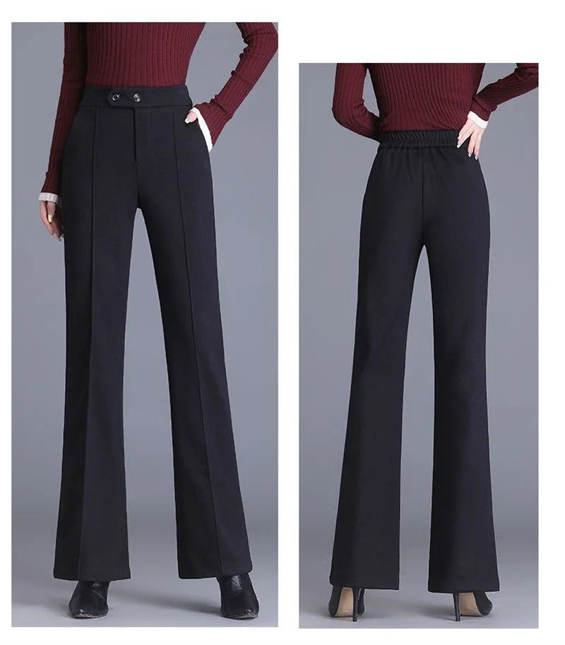 2024 Autumn Winter Women's Woolen Pants New Fashion High Waist Elastic Micro Flare Pants Slim Female Casual Wool Trousers 4XL