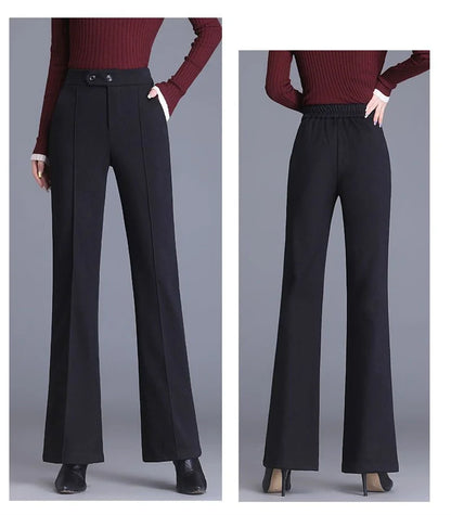 2024 Autumn Winter Women's Woolen Pants New Fashion High Waist Elastic Micro Flare Pants Slim Female Casual Wool Trousers 4XL