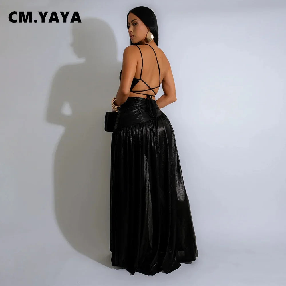 CM.YAYA Women Sleeveless Backless High Waist Birthday Long Maxi Dress 2024 Autumn Street Sexy Party Split Dresses Vestidos