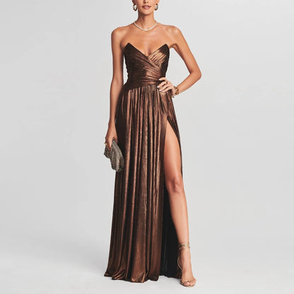 ROSELLA Brown Sexy Evening Gowns Pleated A Line Formal Prom Dress Sweetheart Floor Length High Split Vestido De Festa New 2023